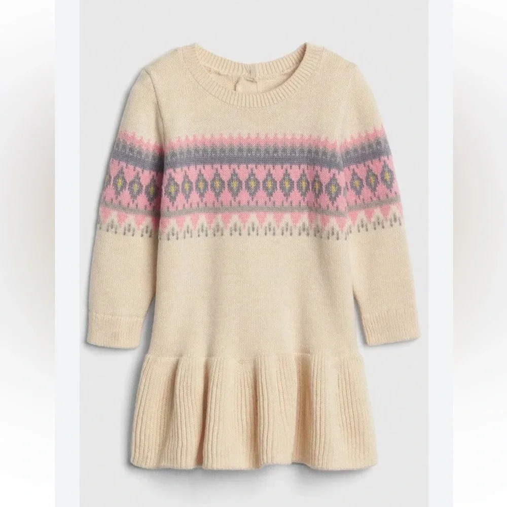 Baby GAP Fair Isle Knitted Sweater Dress Cream & Pink Patterned Size 12-18 Month